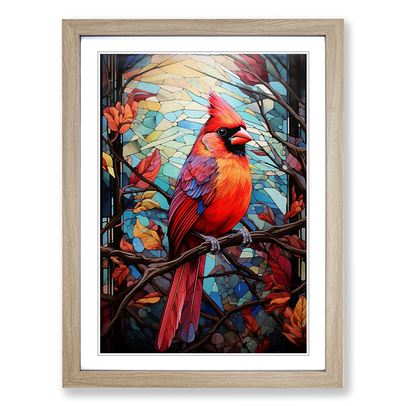 Cardinal Bird Colour Field - Single Picture Frame Print on Wood, Oak Framed, 46cm H x 34cm W x 2cm D