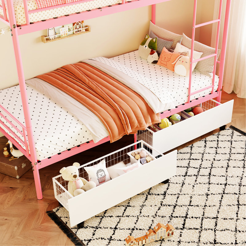 Lit superposé en métal rose avec panneau de séparation, rangement, lits simples séparables, sans sommier dans la chambre à coucher moderne, divisé pour