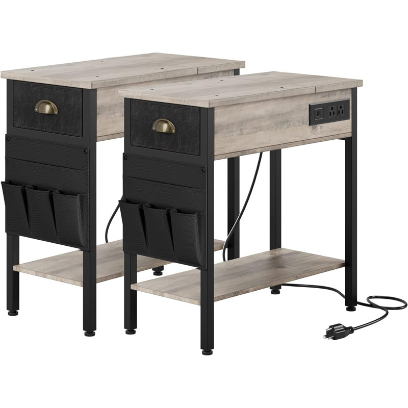 Ensemble de table de bout à 2 tiroirs et prises encastrées Tahlaya, Gris