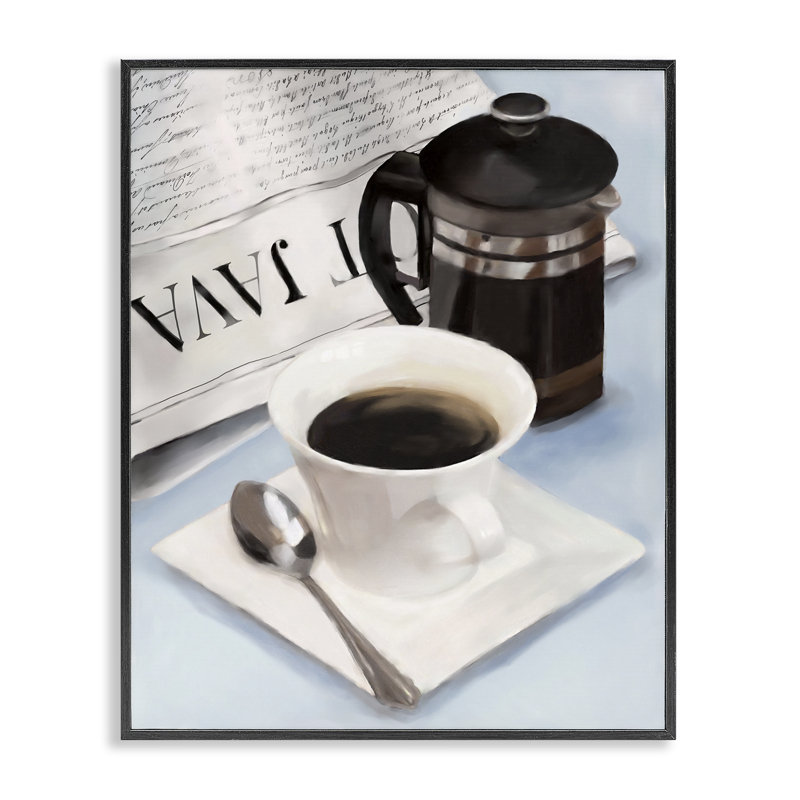 Café noir et journal, estampe numérique, design par Carol Robinson, H 20 po x l 16 po, Giclée encadrée noir minuit