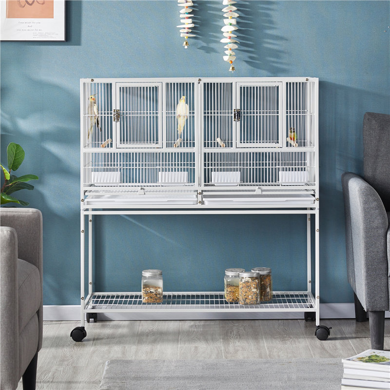 105cm Iron Flat Top Floor Bird Cage with Wheels, White