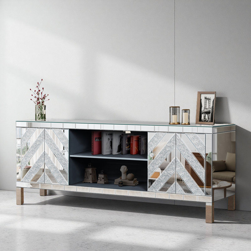 Mirrored TV Stand For 65+ Inch TV,TV Console Table With Open Storage & 2 Storage Cabinets ,M Shape Sparkling Mirror Doors For Living Room