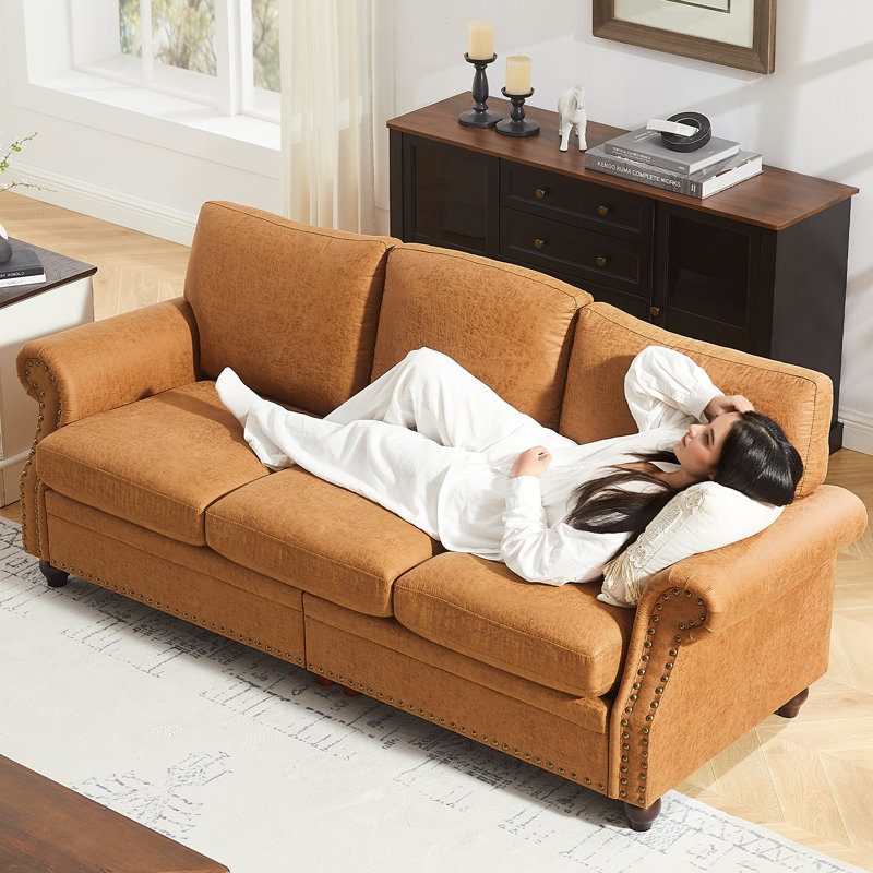 Canapé de 85 po de luxe, canapé confortable en simili cuir 3 places avec accoudoirs roulés et garniture cloutée, brun