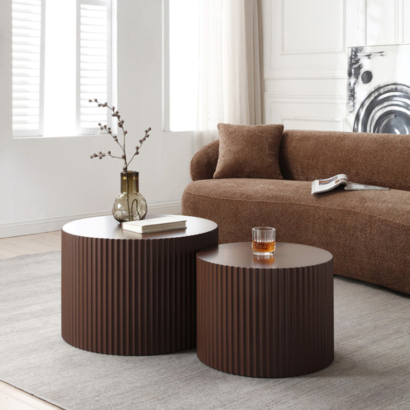 Dorismond 2 Piece Coffee Table Set MDF Nesting Table Handcraft Round Coffee Table for Living Room, Dark Brown