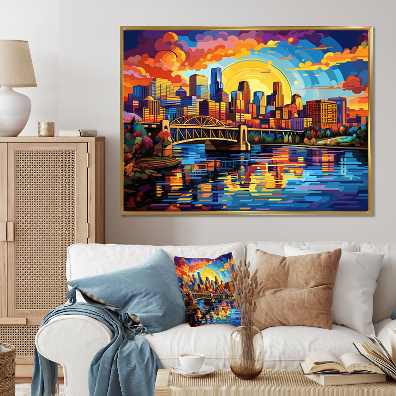 «Colorful City Minneapolis Popart II», reproduction sur toile, Cadre flottant doré, H 16 po x l 32 po x P 1 po