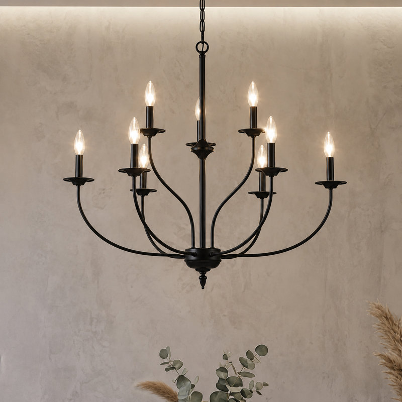 Lustre en métal à deux niveaux de style bougie à 9 niveaux Maroneia, Noir mat