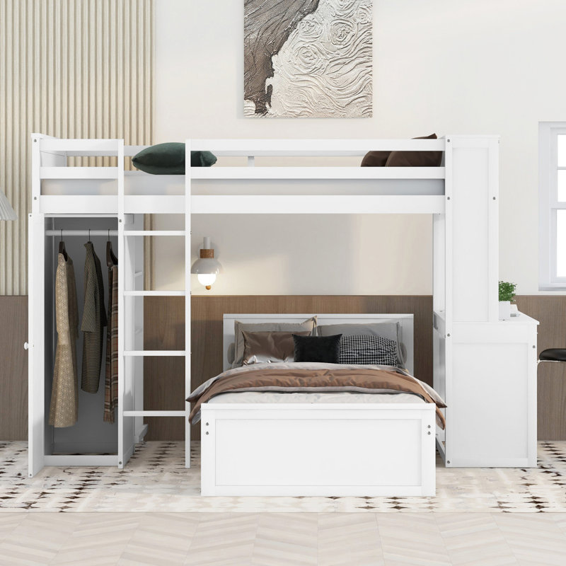 Loft Bed with a Standalone Bed Shelves, Desk, and Wardrobe, Twin, White