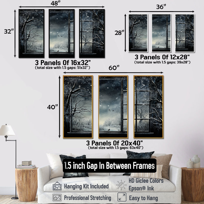 «Midnight Gothic Winter Window View II - Winter Landscape», art mural, H 28 po x l 36 po x P 1 po, Cadre flottant noir
