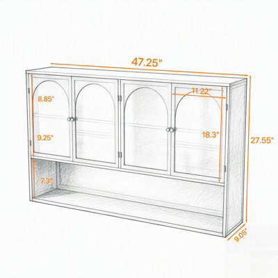 47.25 Inch Four-Door Wall-Mounted Glass Cabinet, Space-Saving Storage for Kitchen, Living Room, and Bathroom, Black