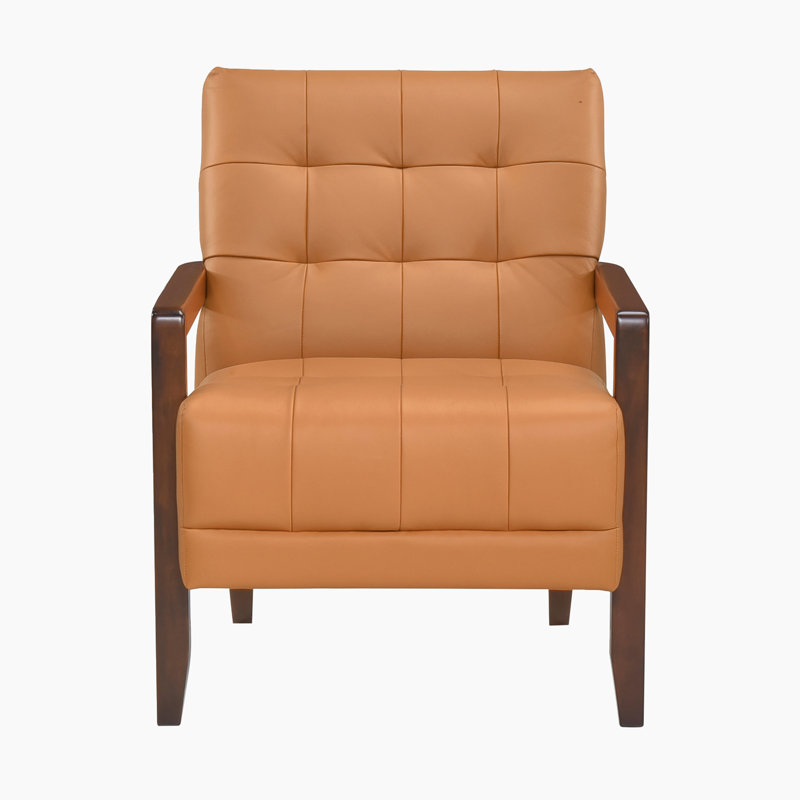 Velsen 26" Mid-Century Modern Accent Chair with Top Grain Leather, Solid Wood Arms, High-Density Foam over Pocket Coils