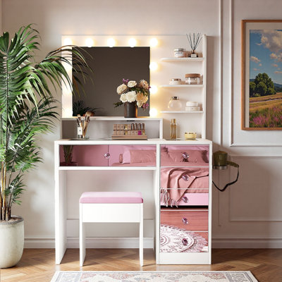 Makeup Vanity With Glass Top, 11 Hollywood Bulbs, 6 Drawers And Stool
