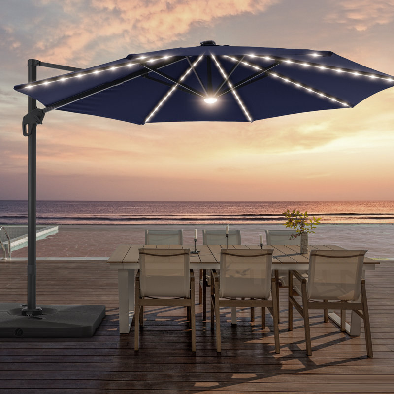 Parasol de patio en porte-à-faux octogonal à éclairage décalé à DEL de 11 pi Deaijah avec contrepoids inclus, parasol d'extérieur à suspendre avec manivelle, protection contre les rayons UV toutes saisons pour terrasse de jardin
