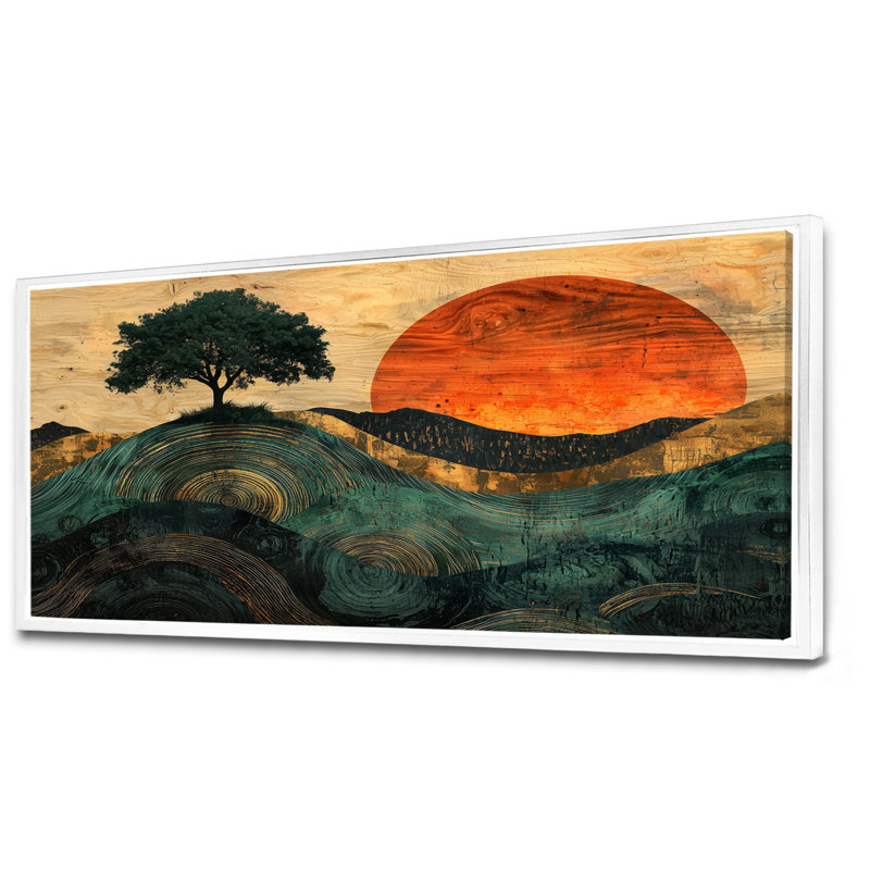 Baobab de Cardiff Sunrise avec racines d'Afrique II - arbre, art mural, H 28 po x l 60 po, Cadre flottant, Blanc
