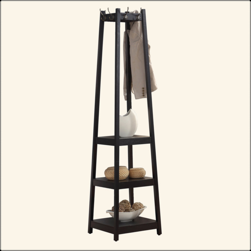 Portemanteaux en bois avec tablettes de rangement à 3 niveaux et grands crochets, 17,5 po x 17,5 po x 72 po pour hall d'entrée / couloir