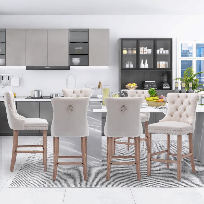 Modern Velvet Upholstered Bar Stools, Beige, Light Brown