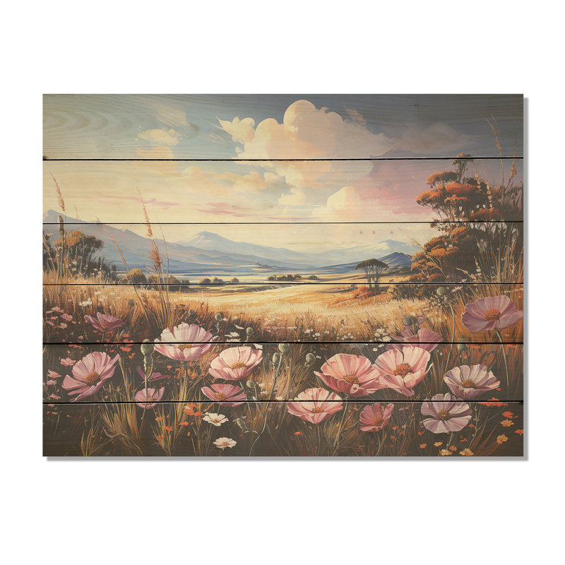 Fleur mauve colorée dans les Prairies du Nevada I - Fleurs, art mural sur bois de pin naturel, H 10 po x l 20 po