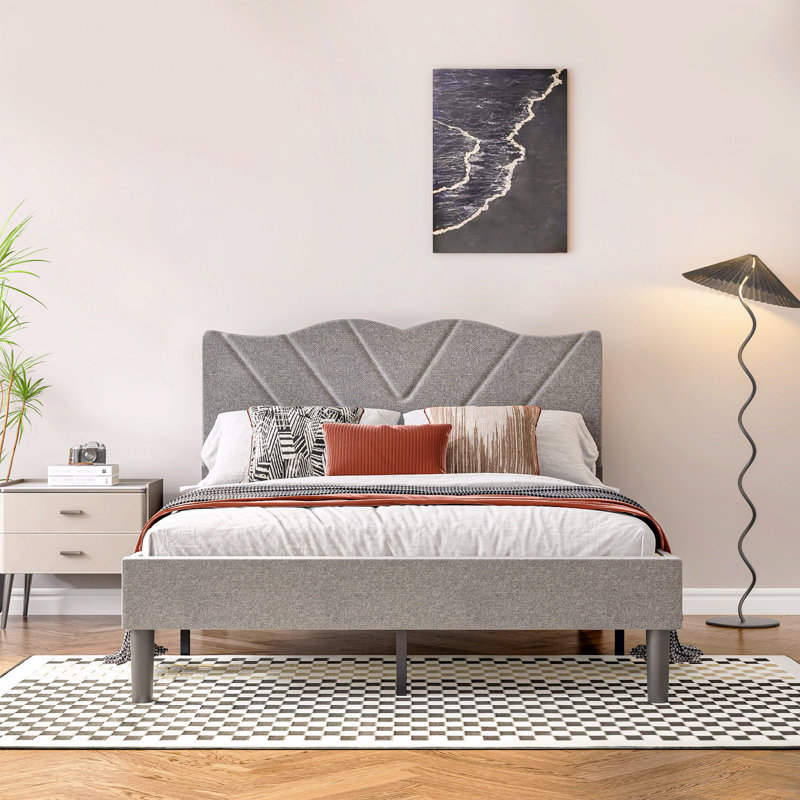 Base de lit plateforme double pleine grandeur avec tête de lit tapissier et lattes en bois