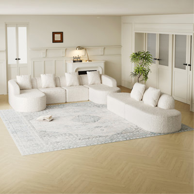 Canapé modulaire incurvé en forme de L de 111,8 pouces, design moderne avec tissu en polyester à poils longs texturé litchi, dossier incurvé avec trois coussins