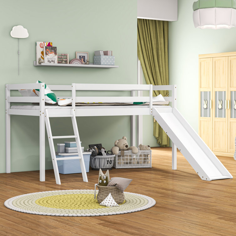 Betterhood Twin Low Loft Bed With Slide And Ladder For Kids/toddlers, Wood Sturdy Low Loft Bed, Easy To Assemble, Saving Space,no Box Spring Needed White
