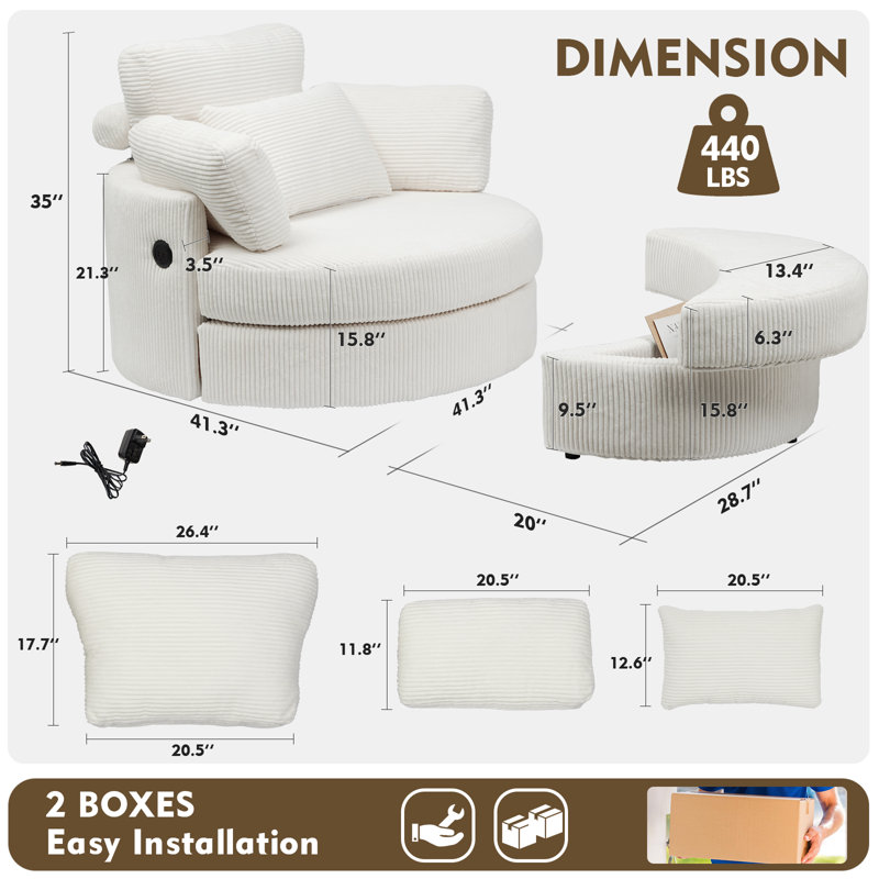 Swivel Accent Chair, Swivel Chair With Ottoman, Oversized Barrel Chair With Usb Charging Port, Round Chaise Lounge Indoor With 4 Pillow, Reading Chair For Living Room (Corduroy)