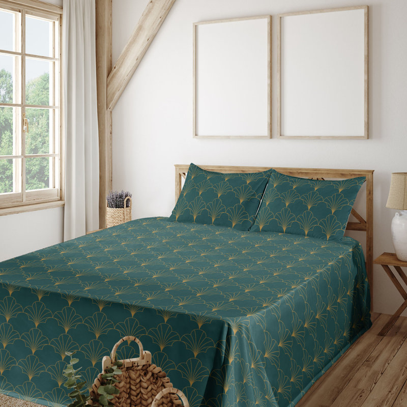 Microfiber Sheet Set, Full Sheet Set with 2 Pillowcases, Sand Brown/Teal Geometric