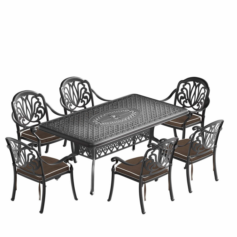 7-Piece Cast Aluminum Patio Furniture Set With Black Frame And Brown Cushions, 6
