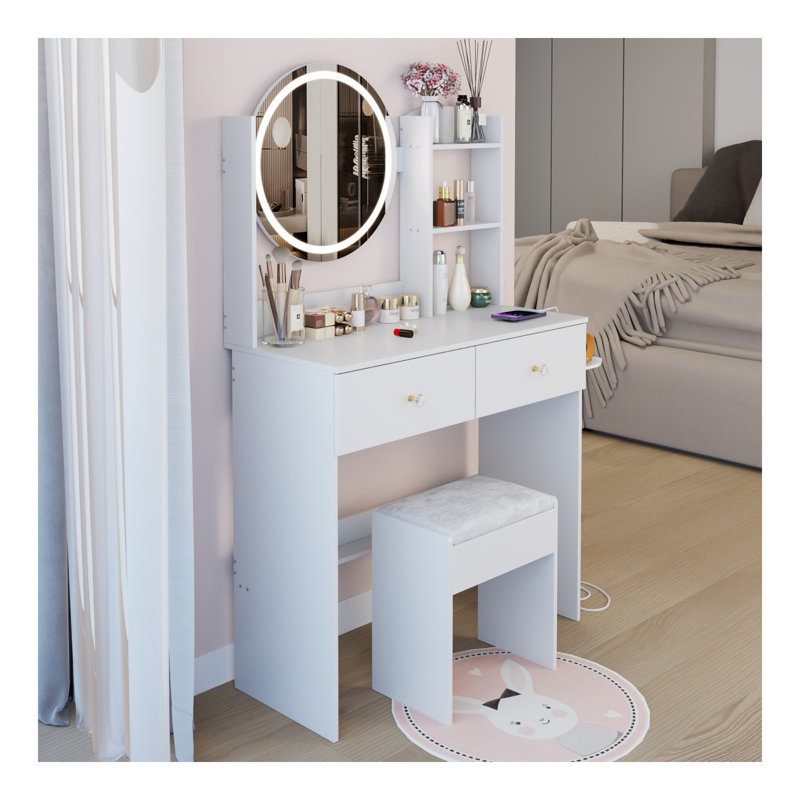 17" Round LED Mirror Vanity Table+Cushioned Stool, Equipped With 2 AC+2 USB Power Socket, Big Mirror, Touch Switch, 3 Colors, Adjustable Brightness, Large Desktop, Multi-Layer High Capacity Storage