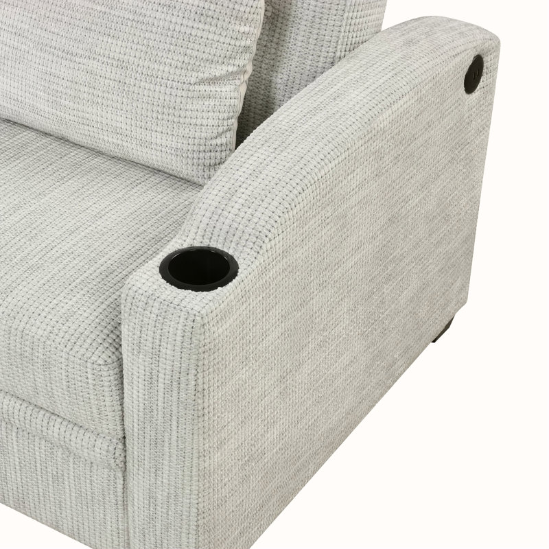 Canapé-lit convertible 61,6 po en chenille convertible moderne avec dossier réglable, 2 coussins, porte-gobelets, ports USB pour le salon, appartement, gris-blanc