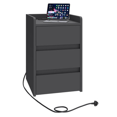  3-Drawer Black Bedside Table
