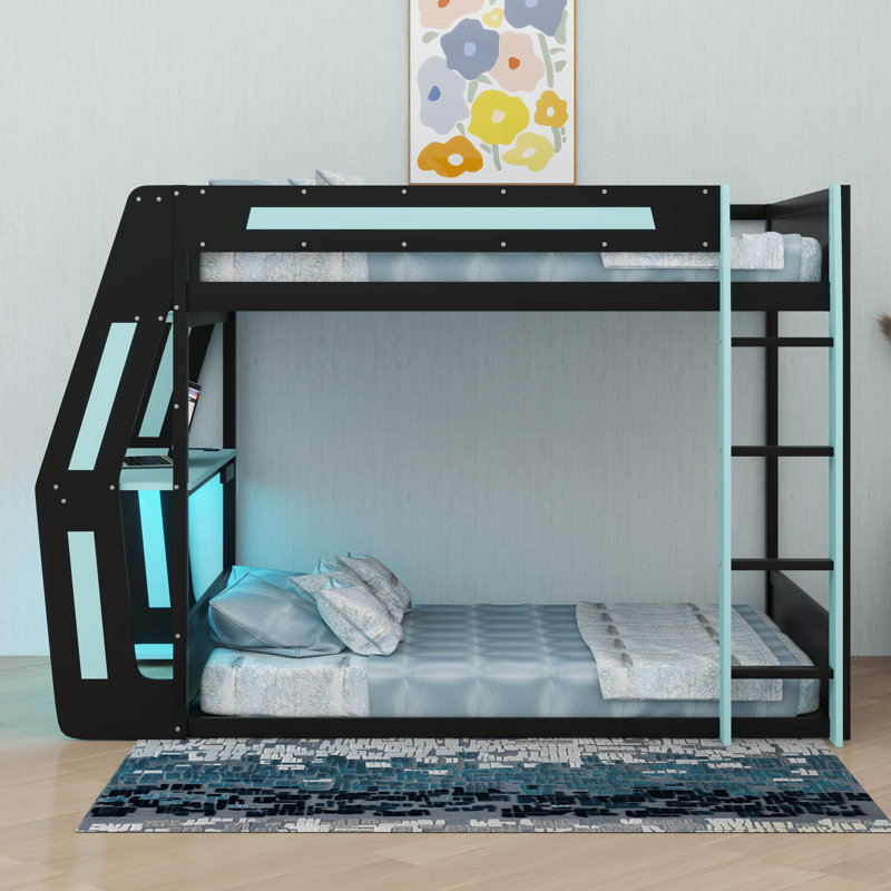 Lit superposé double avec bureau et lumière DEL, Bleu nuage