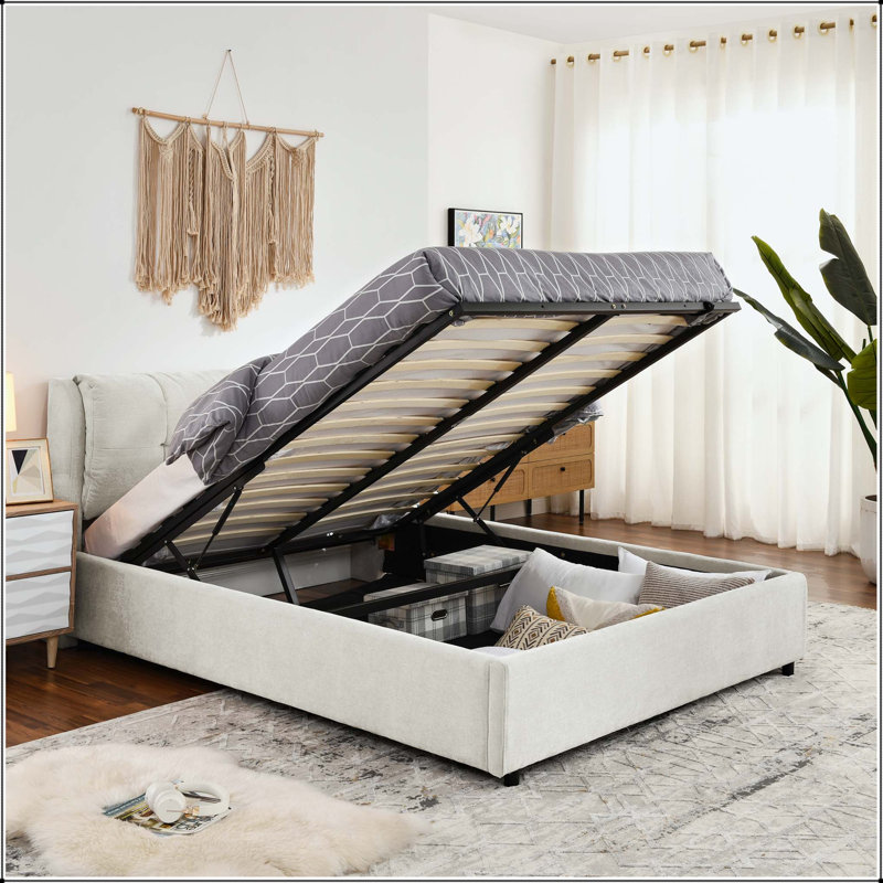 Lit plateforme tapissier avec rangement et tissu chenille, Grand lit, Beige