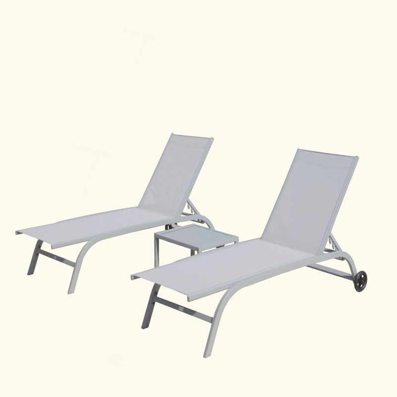 Chaise Lounge Outdoor Set Of 3, Lounge Chairs For Outside With Wheels, Outdoor Lounge Chairs With 5 Adjustable Position, Pool Lounge Chairs For Patio, Beach(2 Lounge Chairs+1 Table)