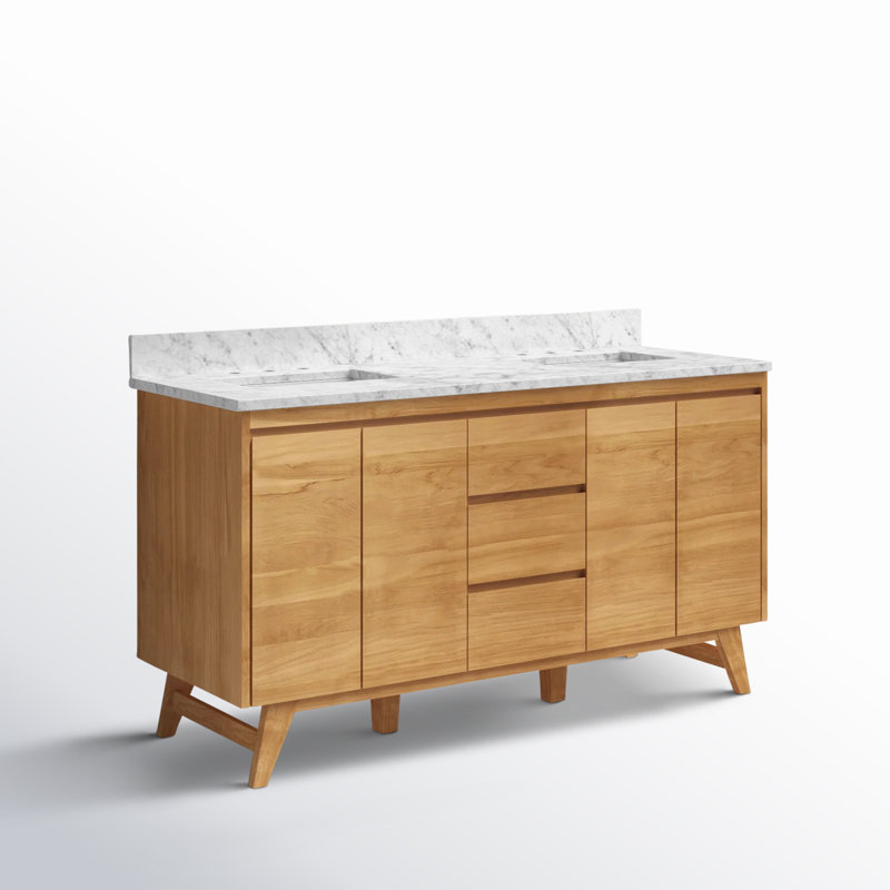 Meuble-lavabo double 60 po avec plateau en marbre de Carrare Saeko, Teck naturel