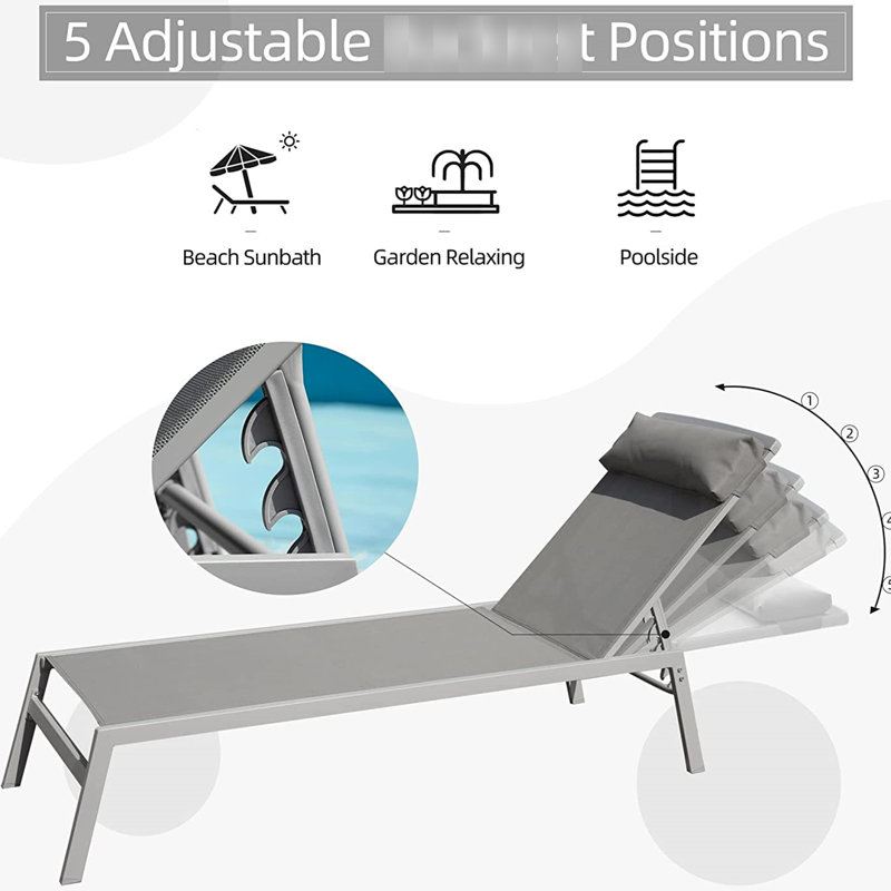 Chaise longue d'extérieur, 3 pièces en aluminium, tissu, 5 positions de dossier réglables, gris, pour le jardin, la pelouse, les chaises en aluminium au bord de la piscine, le patio,