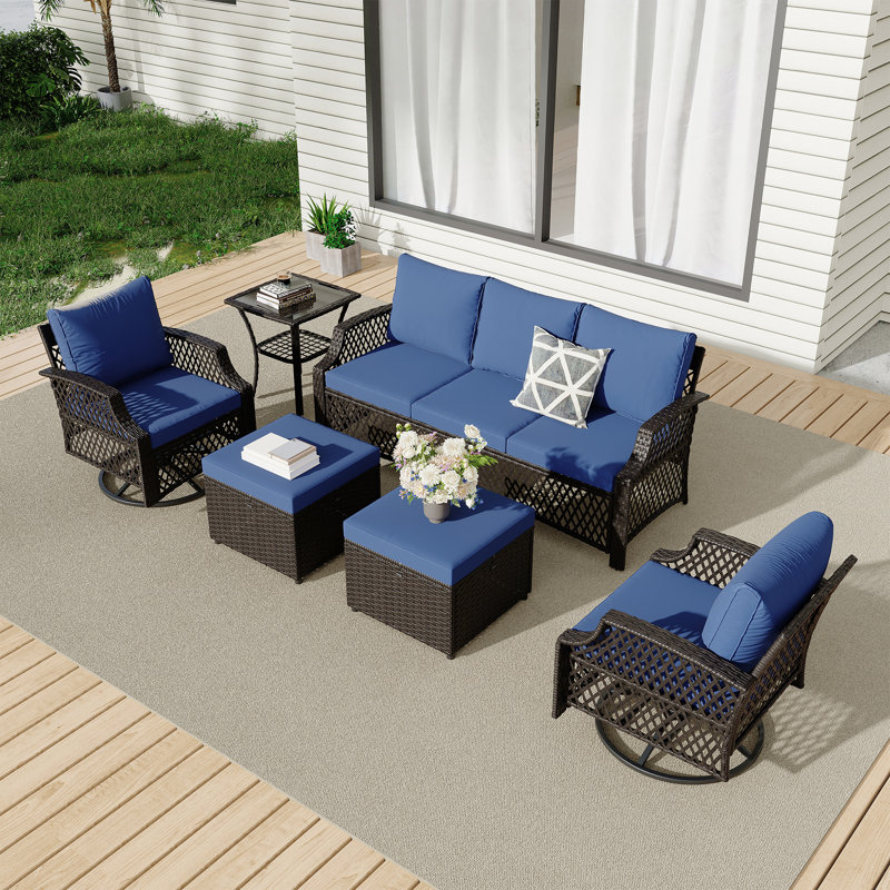6 Piece Patio Furniture Set, Wicker Outdoor Conversation Sofa Set With Swivel Chairs, 2 Ottomans, Storage Coffee Table
