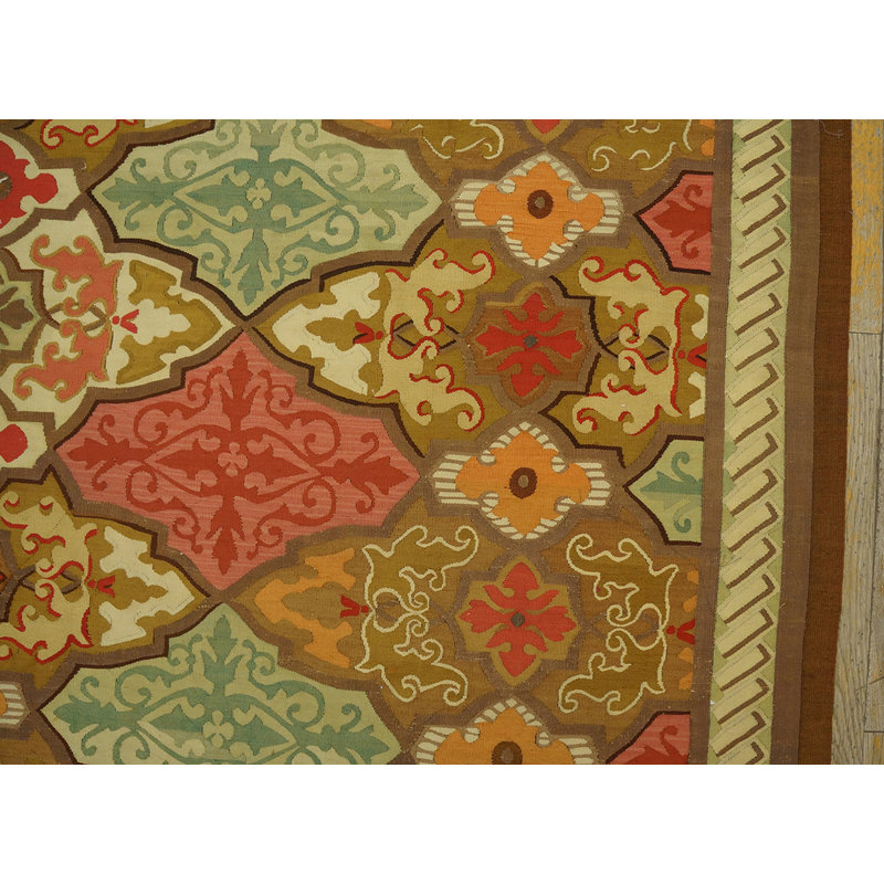 Artistic Antique Geometric Pattern Square Shape French Aubusson Flat Weave Rug
