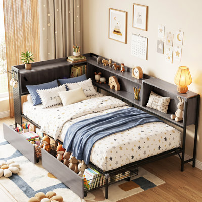 Daybed With 2 Drawers Led Corner Bed With Bookcase & Charging Station Metal Platform Bed Frame For Bedroom, Guest Room