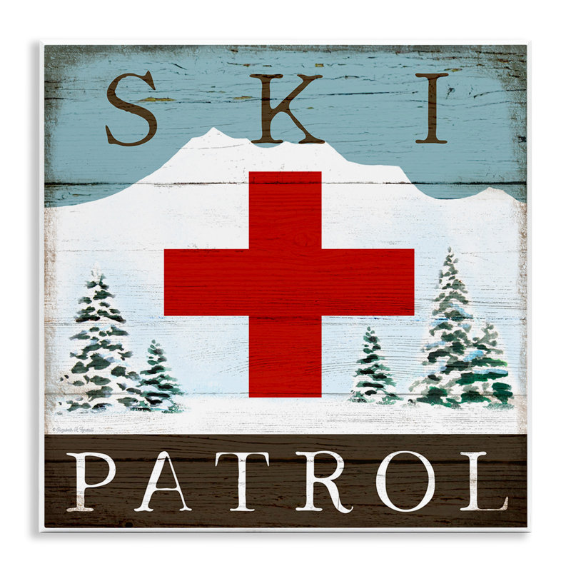 Signe de chalet de patrouille de ski rustique, montagne enneigée, montagne, encadré noir, art texturé par Elizabeth Tyndall