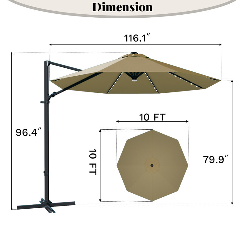 Parasol en porte-à-faux 116,1 po x 116,1 po, H 96,4 po x l 116,1 po x P 116,1 po, Brun