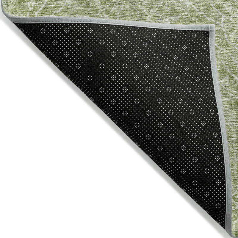 3' X 5' Artichoke Green And Ivory Floral Washable Indoor Outdoor Area Rug