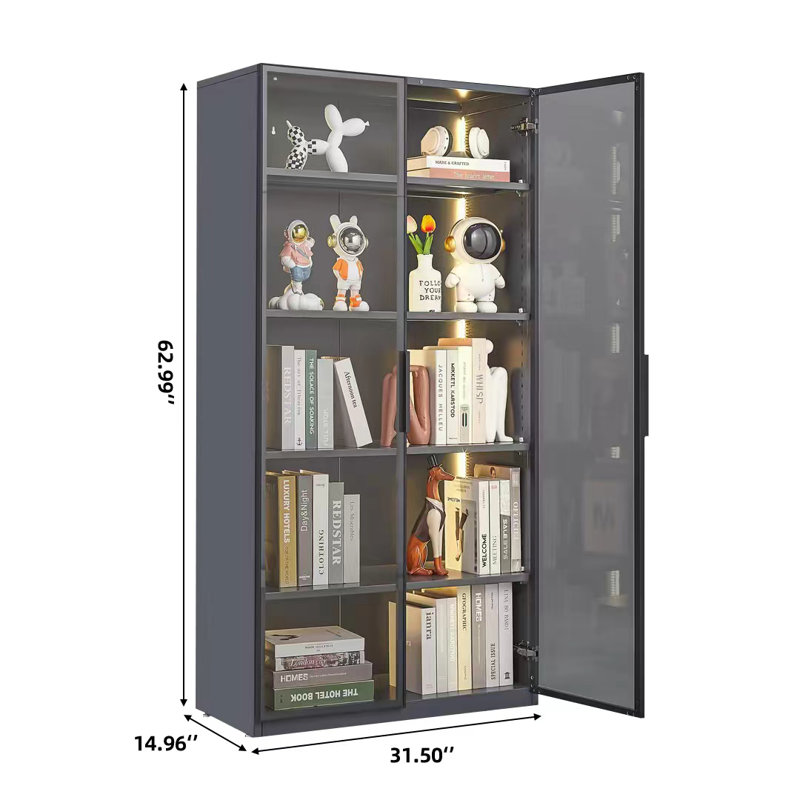 Tall Glass Display Cabinet 5-Tier Curio Cabinets Dining Cabinet With 4 Adjustable Shelves And Light Strip, Metal Frame Display Case Tempered Glass Display Shelf Collection Display Case Cabinet