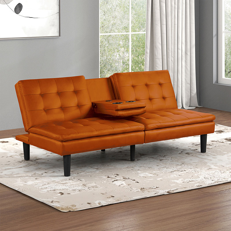 Canapé-lit futon de style contemporain avec chargeurs USB intégrés, canapé de salon, Orange Faux Leather