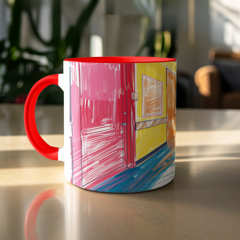 Kids Drawing Style 11oz Accent Mugs – Ceramic Coffee Cup with a Red Handle and Interior
