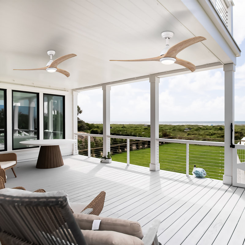 52" Indoor/Outdoor Solid Wood Ceiling Fan with Light and Remote Control, Noiseless Reversible Motor, 6 Speed, 3 Color for Living Room, Bedroom