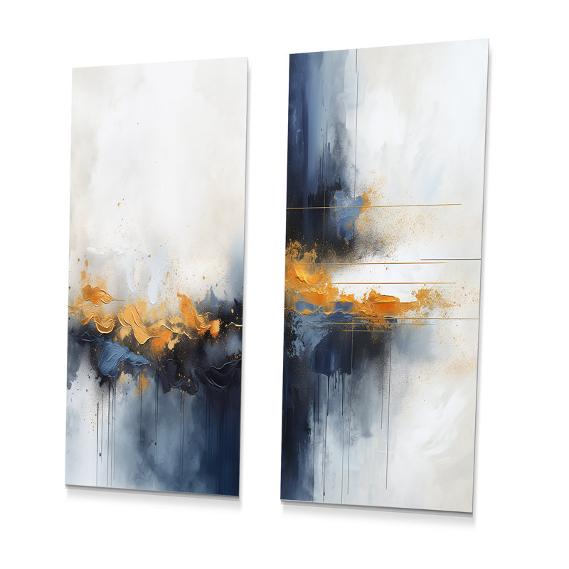 «Blue and Yellow Fluid Harmony», peinture abstraite I - ensemble de 2 peintures murales abstraites en métal