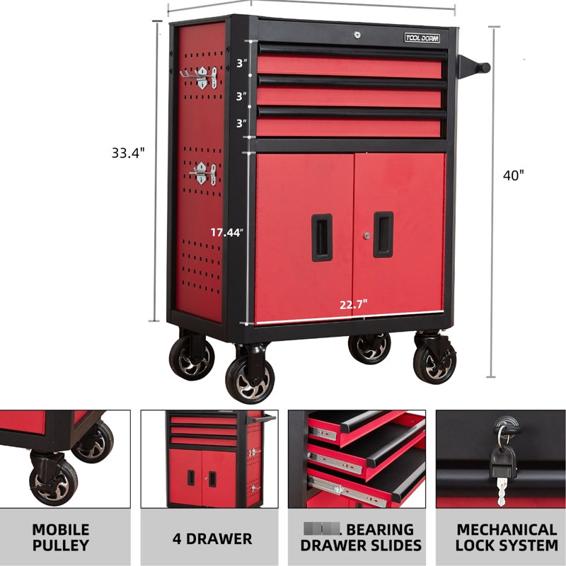Coffre à outils à roulettes de 28 pouces à 3 tiroirs en noir et rouge, équipé de roues verrouillables pour l'entrepôt de rangement sur roulettes
