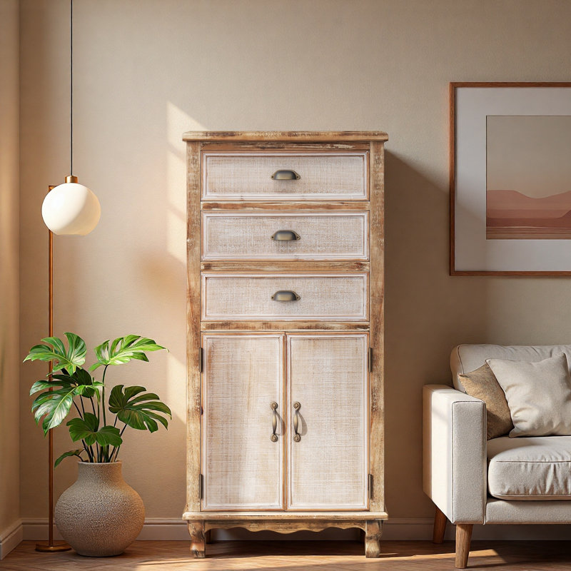 Armoire de rangement rustique en bois avec porte découpée décorative 3 tiroirs, Blanc antique