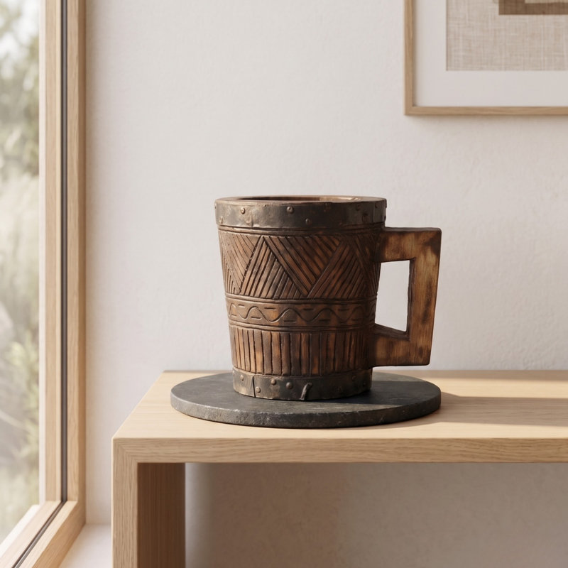 Vase rustique en bois fabriqué à la main rustique avec détail tribal sculpté