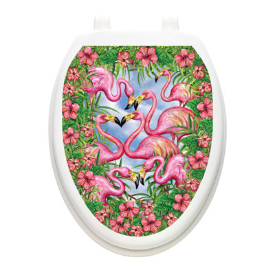 Tropical Pink Flamingos Toilet Seat Decal – Toilet Tattoos Static Cling Vinyl Lid Cover Fits Round & Elongated Seats