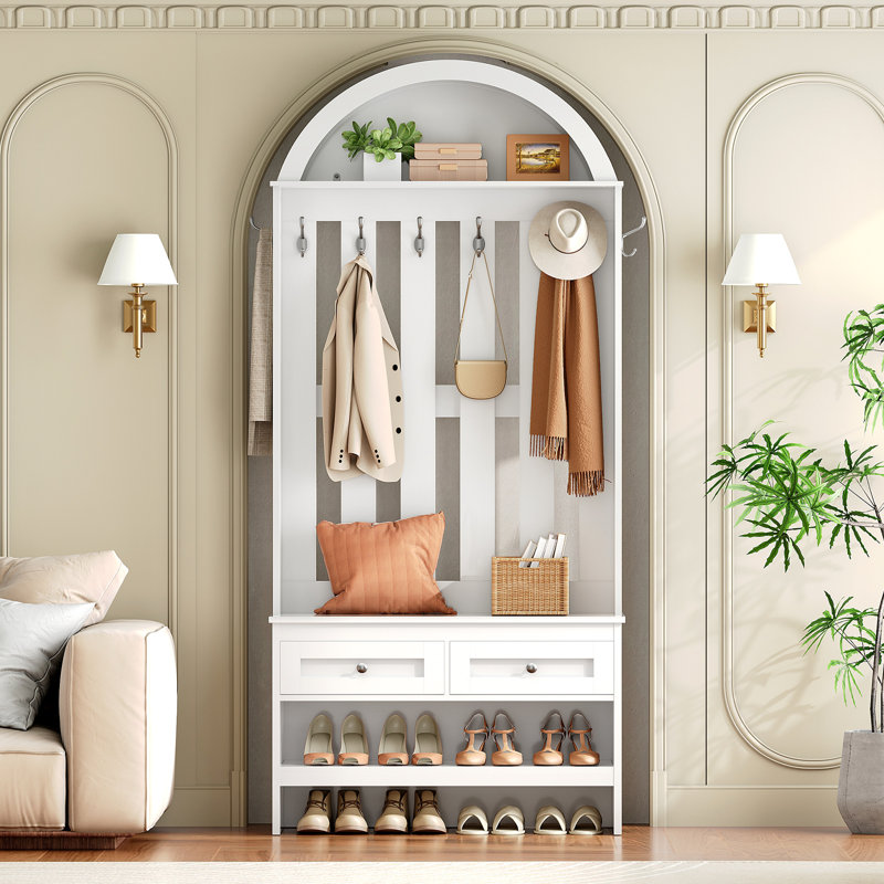 Portemanteau avec banc, portemanteau et porte-chaussures, organisateur de vestibule arqué avec 8 crochets, portemanteau avec banc à chaussures et 2 tiroirs pour le couloir